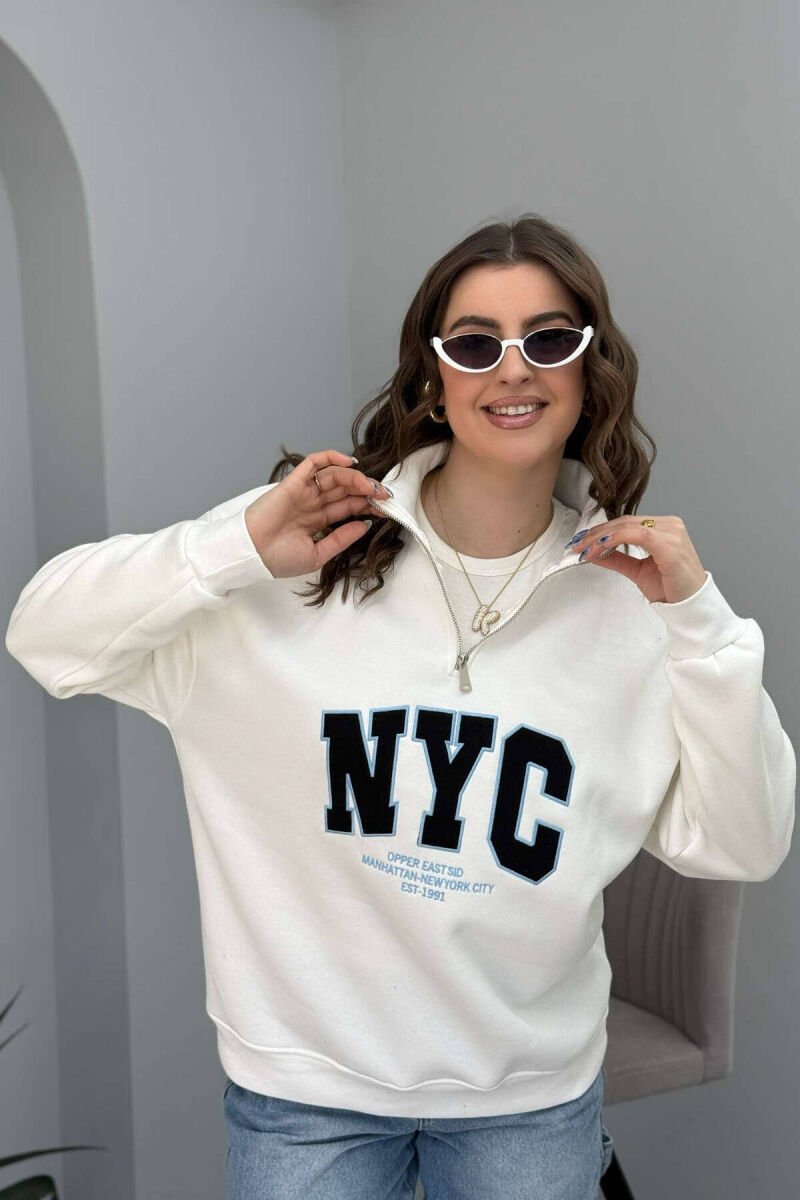 NYC WRITTING FLUFFY ZIPPER NECK WOMEN SWEATSHIRT WHITE-E BARDHE - 7