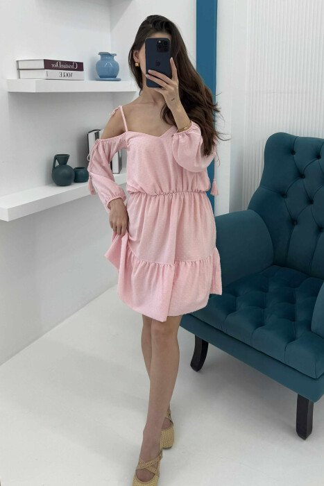 OFF SHOULDER ONE COLOR WOMEN DRESS PINK/ROZE - KLAUDIO FASHION