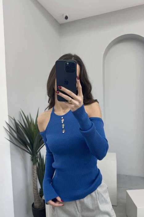 OFF SHOULDER ONE COLOR WOMEN SWEATER BLUE/BLU - 1