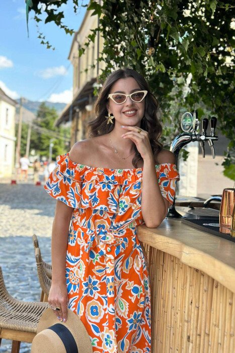 OFF SHOULDER WOMEN DRESS BLUE/ORANGE-BLPO - KLAUDIO FASHION