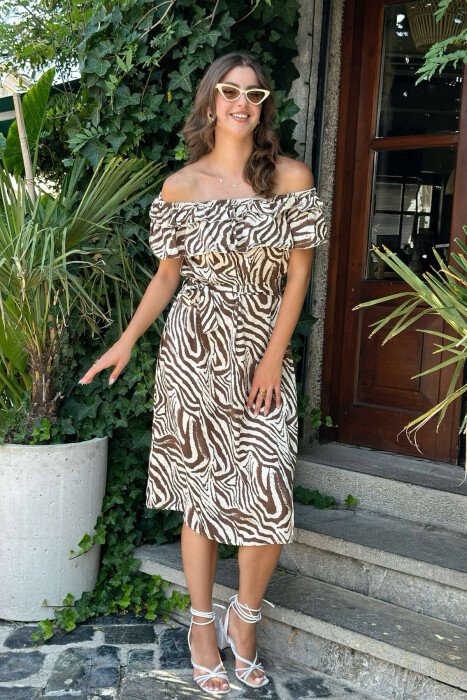 OFF SHOULDER WOMEN DRESS BROWN/KAFE - KLAUDIO FASHION