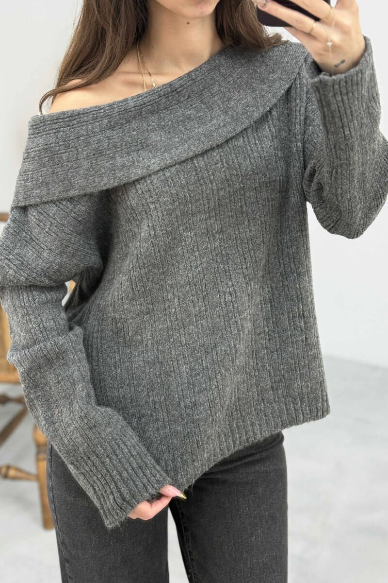 OFF SHOULDERS ONE COLOR WOMEN SWEATER DARK GREY/GEE - 1