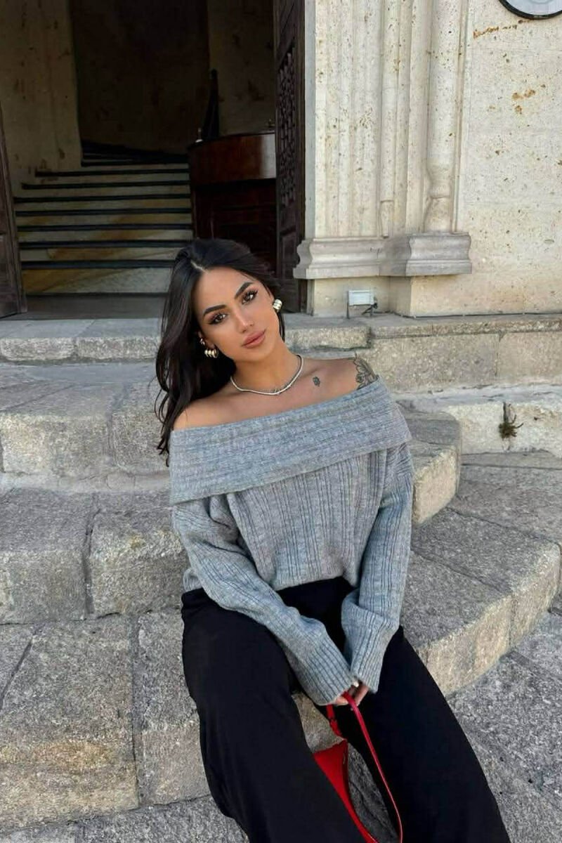 OFF SHOULDERS ONE COLOR WOMEN SWEATER GREY/GRI - 1