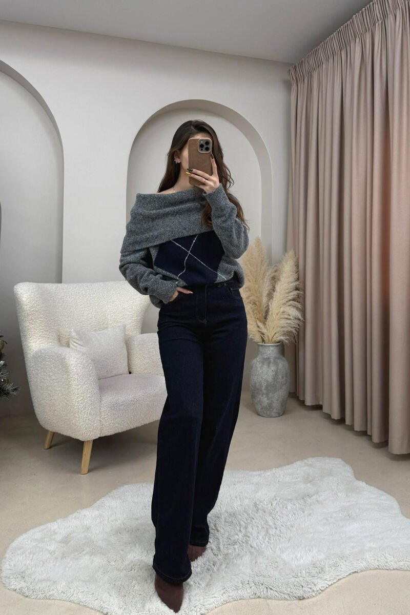 OFF SHOULDERS RHOMBUS DESIGN WOMEN SWEATER GREY/GRI - 3
