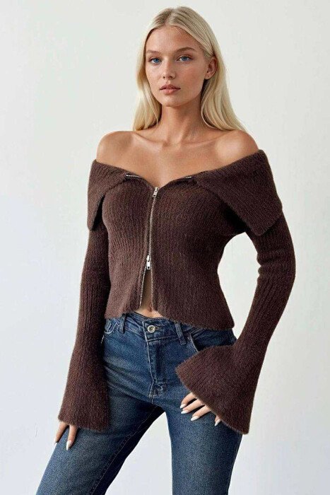 OFF SHOULDERS ZIPPERED WOMEN CARDIGAN BROWN/KAFE 