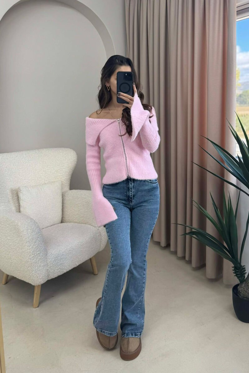 OFF SHOULDERS ZIPPERED WOMEN CARDIGAN PINK/ROZE - 1