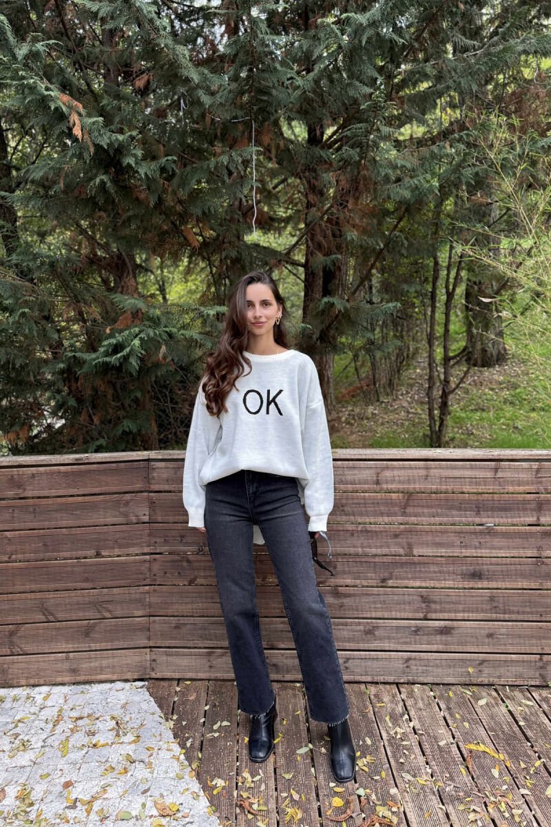 OK FRONT WRITTING ROUND NECK WOMEN SWEATER CREAM/KREM - 1