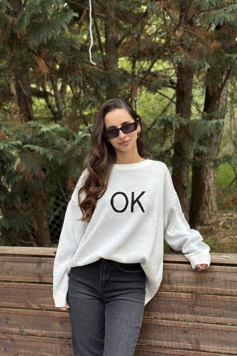 OK FRONT WRITTING ROUND NECK WOMEN SWEATER CREAM/KREM - 2