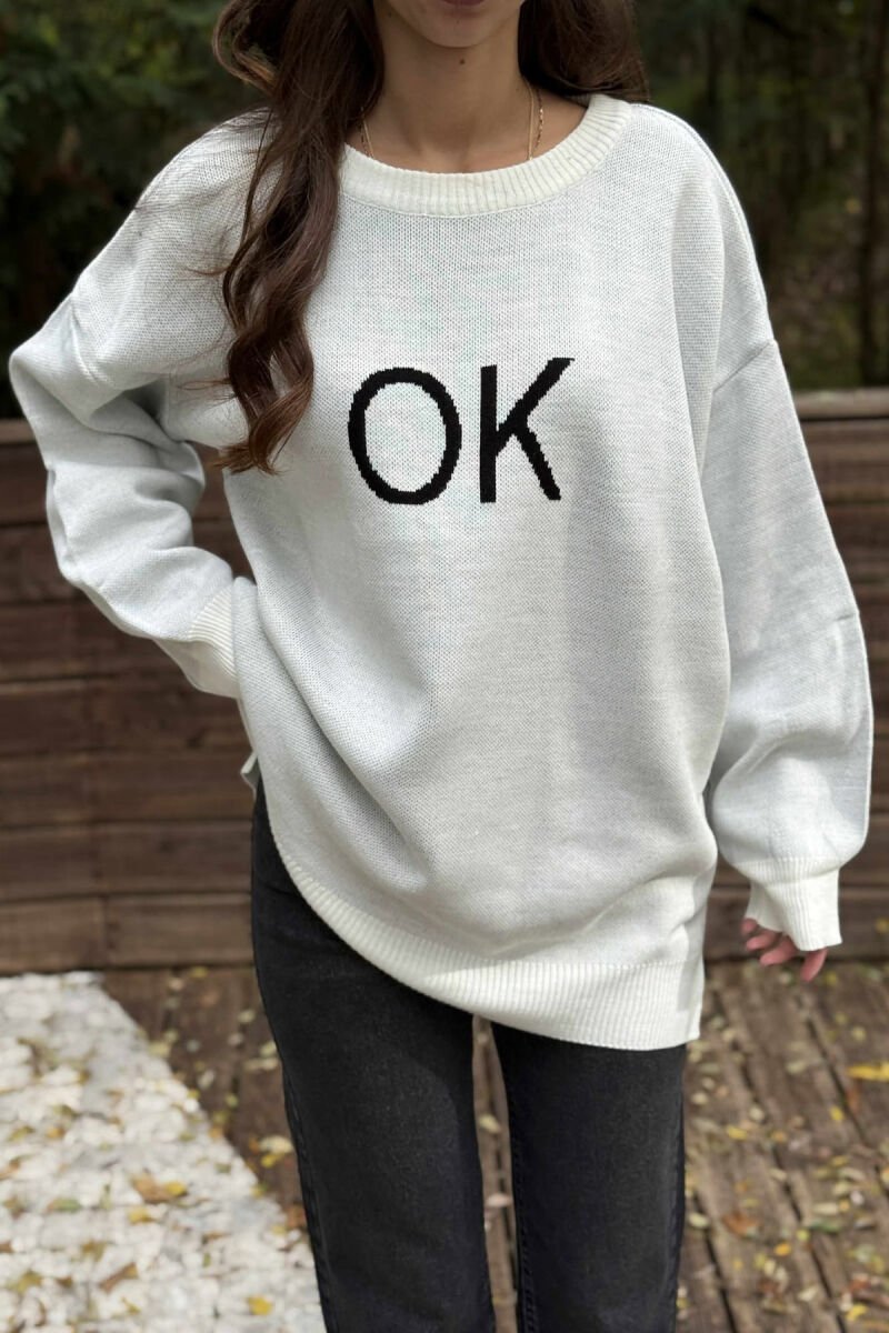 OK FRONT WRITTING ROUND NECK WOMEN SWEATER CREAM/KREM - 3