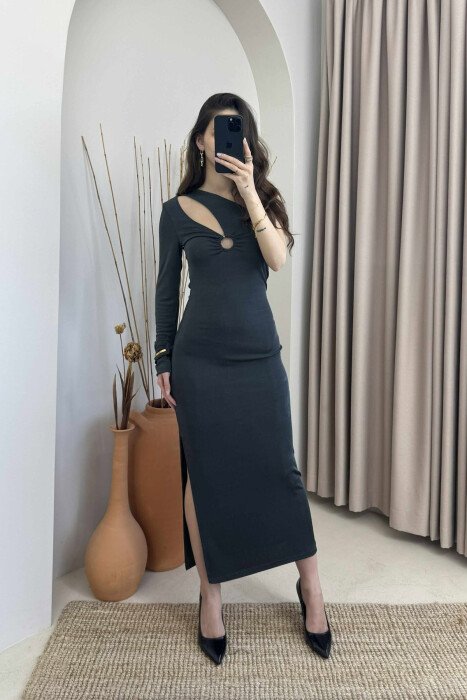 ONE ARM LONG ELASTIC WOMEN DRESS DARK GREY/GEE - KLAUDIO FASHION