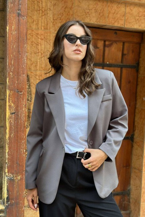 ONE BUTTON ONE COLOR SIMPLE WOMAN JACKET GREY/GRI - KLAUDIO FASHION