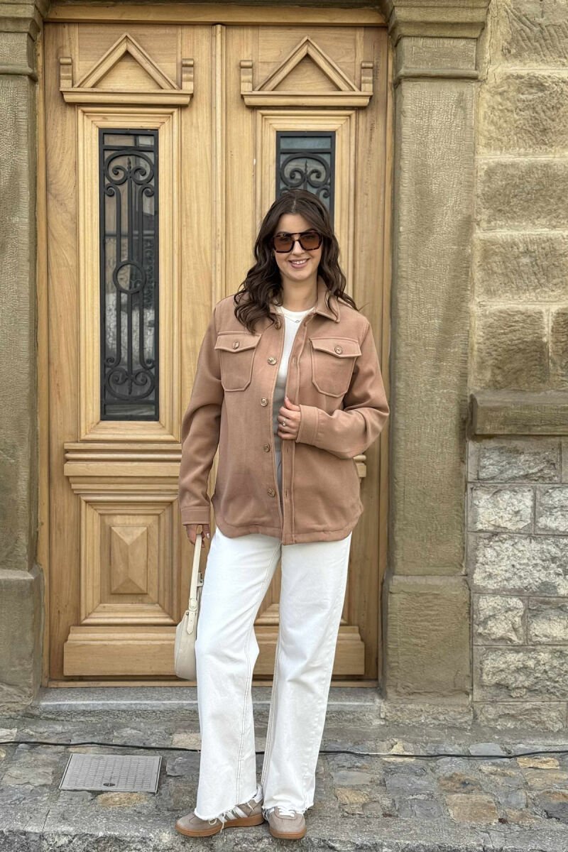 ONE COLOL SIMPLE BUTTONED WOMEN JACKET LIGHT BROWN/KAZB - 1