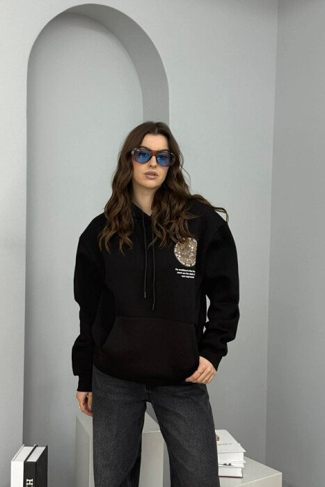 ONE COLOR BACK DESIGN FLUFFY WOMEN HOODIE BLACK/ E ZEZE - 1