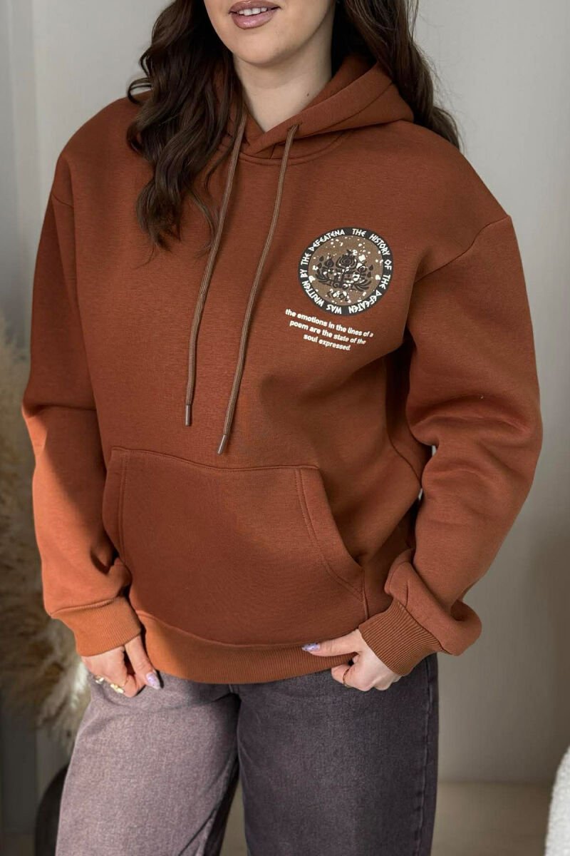 ONE COLOR BACK DESIGN FLUFFY WOMEN HOODIE BROWN/KAFE - 3