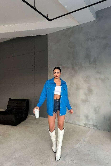 ONE COLOR BACK KNITTED DESIGN WOMEN SHIRT BLUE/BLU - KLAUDIO FASHION