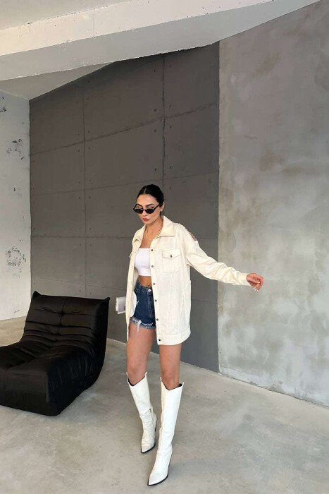 ONE COLOR BACK KNITTED DESIGN WOMEN SHIRT CREAM/KREM - 3