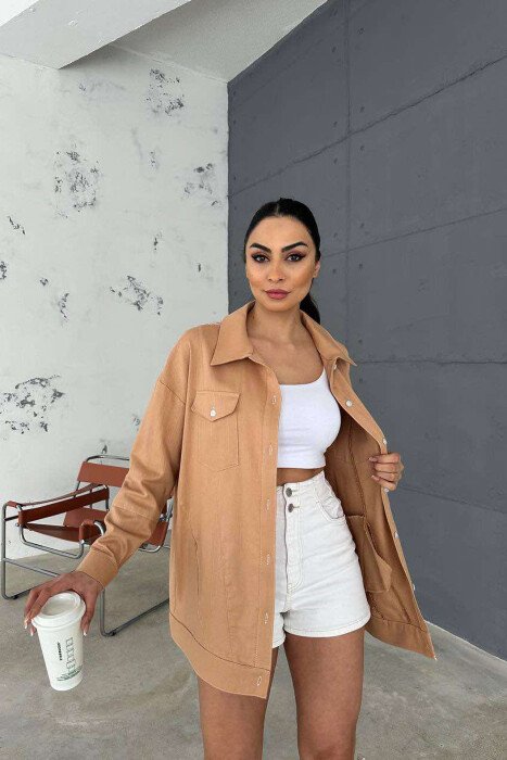 KËMISHË NJË NGJYRËSHE ME DETAJIN E QËNDISJES PËR FEMRA NË NGJYRËN KAFE E ZBARDHUR - KLAUDIO FASHION