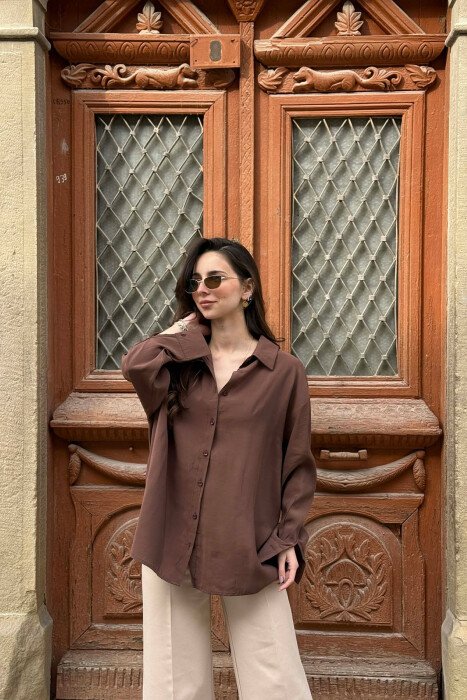 ONE COLOR BACK LACING DEIAILS WOMAN SHIRT BROWN/KAFE - 1