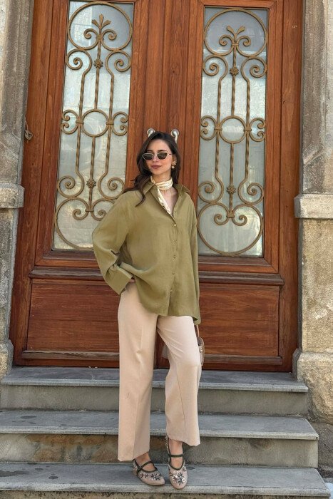 ONE COLOR BACK LACING DEIAILS WOMAN SHIRT OLIVE/ULLI - 7