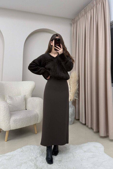 ONE COLOR BACK SPLIT LONG WOMEN SKIRT BROWN/KAFE - 2