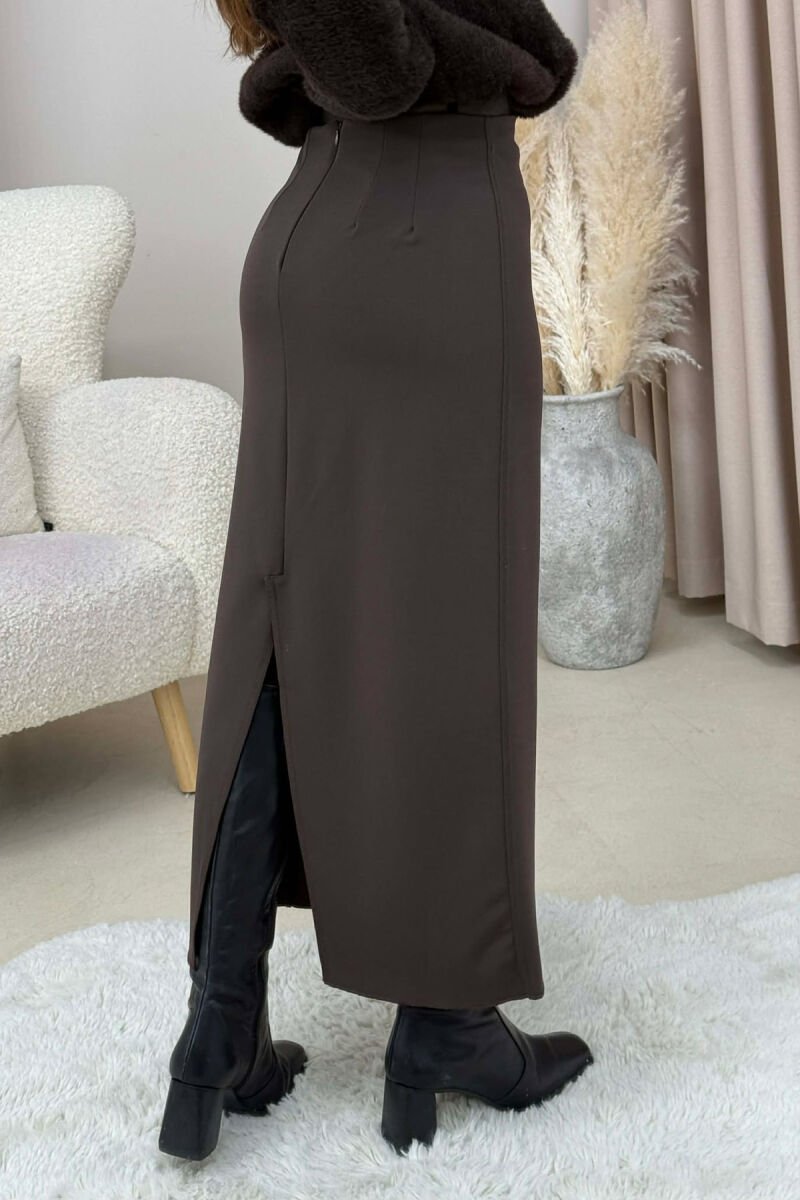 ONE COLOR BACK SPLIT LONG WOMEN SKIRT BROWN/KAFE - 4