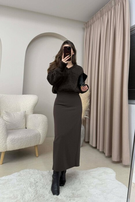 ONE COLOR BACK SPLIT LONG WOMEN SKIRT BROWN/KAFE - 5
