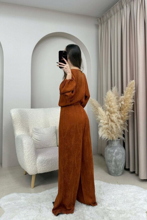 ONE COLOR BACK ZIPPER DETAIL WOMEN JUMPSUIT BROWN/KAFE - 2