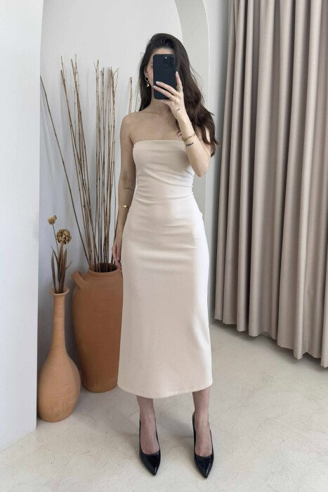 ONE COLOR BACK ZIPPER WOMEN DRESS BEIGE/BEZHE - 1