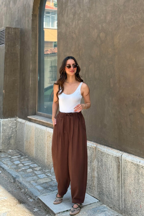 PANTALLONA ME BEL ELASTIK PER FEMRA NE NGJYRE KAFE - KLAUDIO FASHION