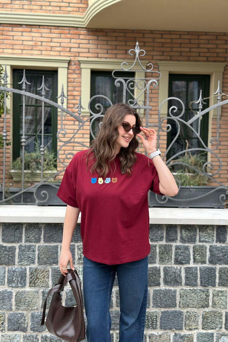 ONE COLOR BEAR DESIGN WOMAN T-SHIRT BURGUNDY/VISHNJE - 1