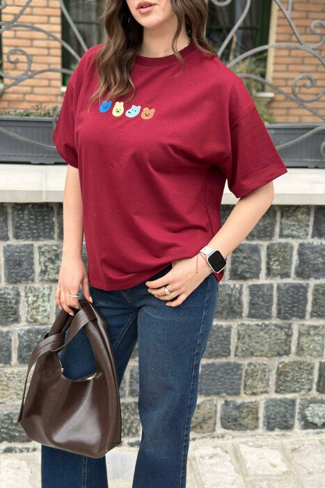 ONE COLOR BEAR DESIGN WOMAN T-SHIRT BURGUNDY/VISHNJE - 2