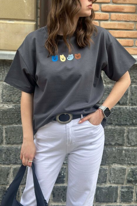 ONE COLOR BEAR DESIGN WOMAN T-SHIRT DARK GREY/GEE - 2