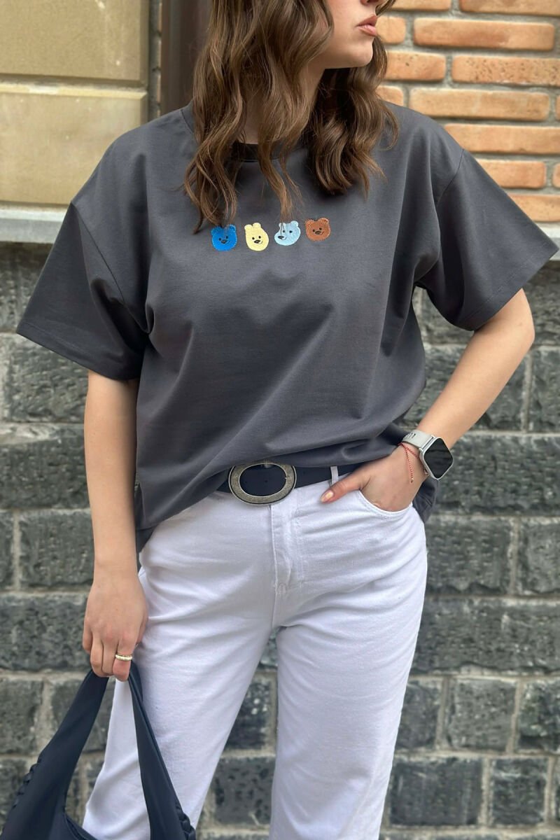 ONE COLOR BEAR DESIGN WOMAN T-SHIRT DARK GREY/GEE - 2