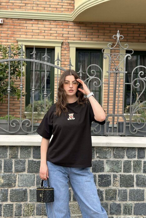 ONE COLOR BEAR DETAIL WOMAN T-SHIRT BLACK/ E ZEZE 