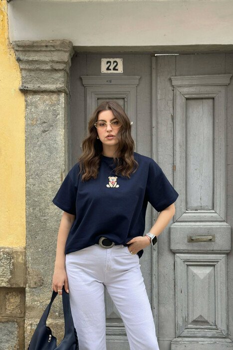 ONE COLOR BEAR DETAIL WOMAN T-SHIRT BLUE/BLU 