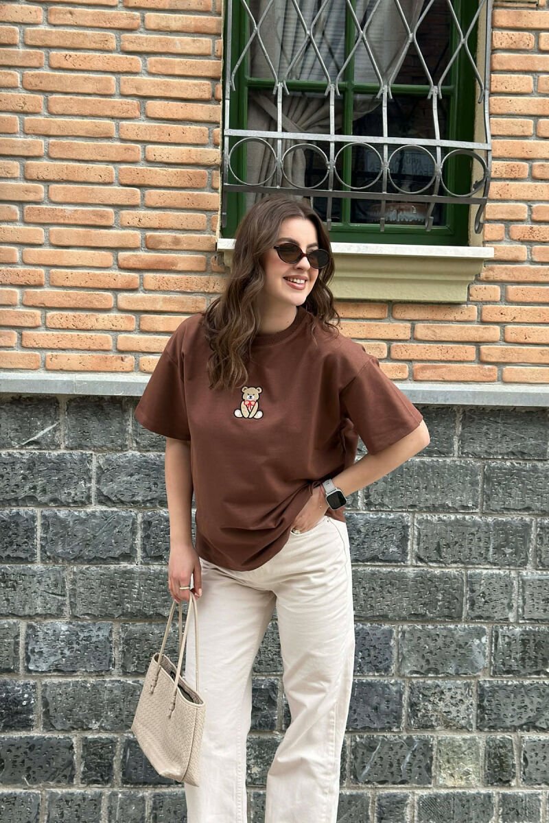 ONE COLOR BEAR DETAIL WOMAN T-SHIRT BROWN/KAFE - 1