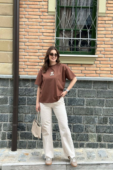 ONE COLOR BEAR DETAIL WOMAN T-SHIRT BROWN/KAFE - 3