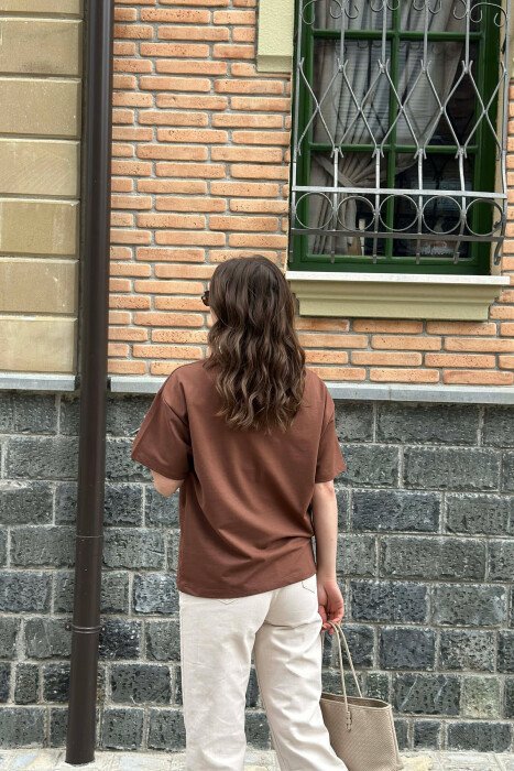 ONE COLOR BEAR DETAIL WOMAN T-SHIRT BROWN/KAFE - 4