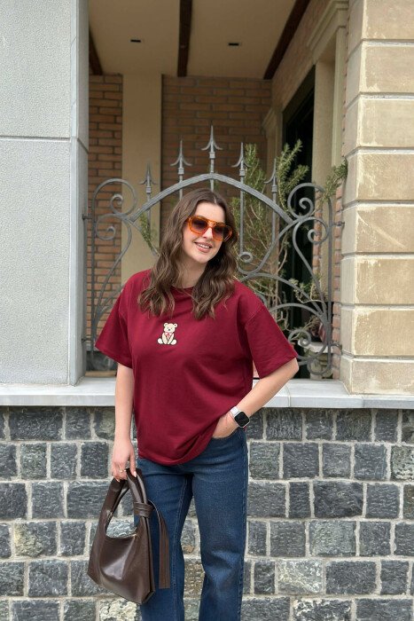 ONE COLOR BEAR DETAIL WOMAN T-SHIRT BURGUNDY/VISHNJE - 1