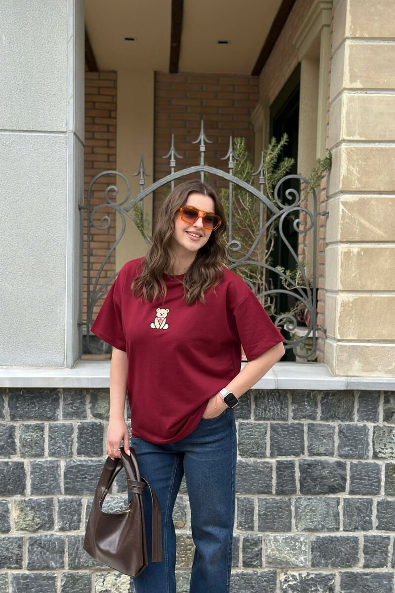 ONE COLOR BEAR DETAIL WOMAN T-SHIRT BURGUNDY/VISHNJE - 1