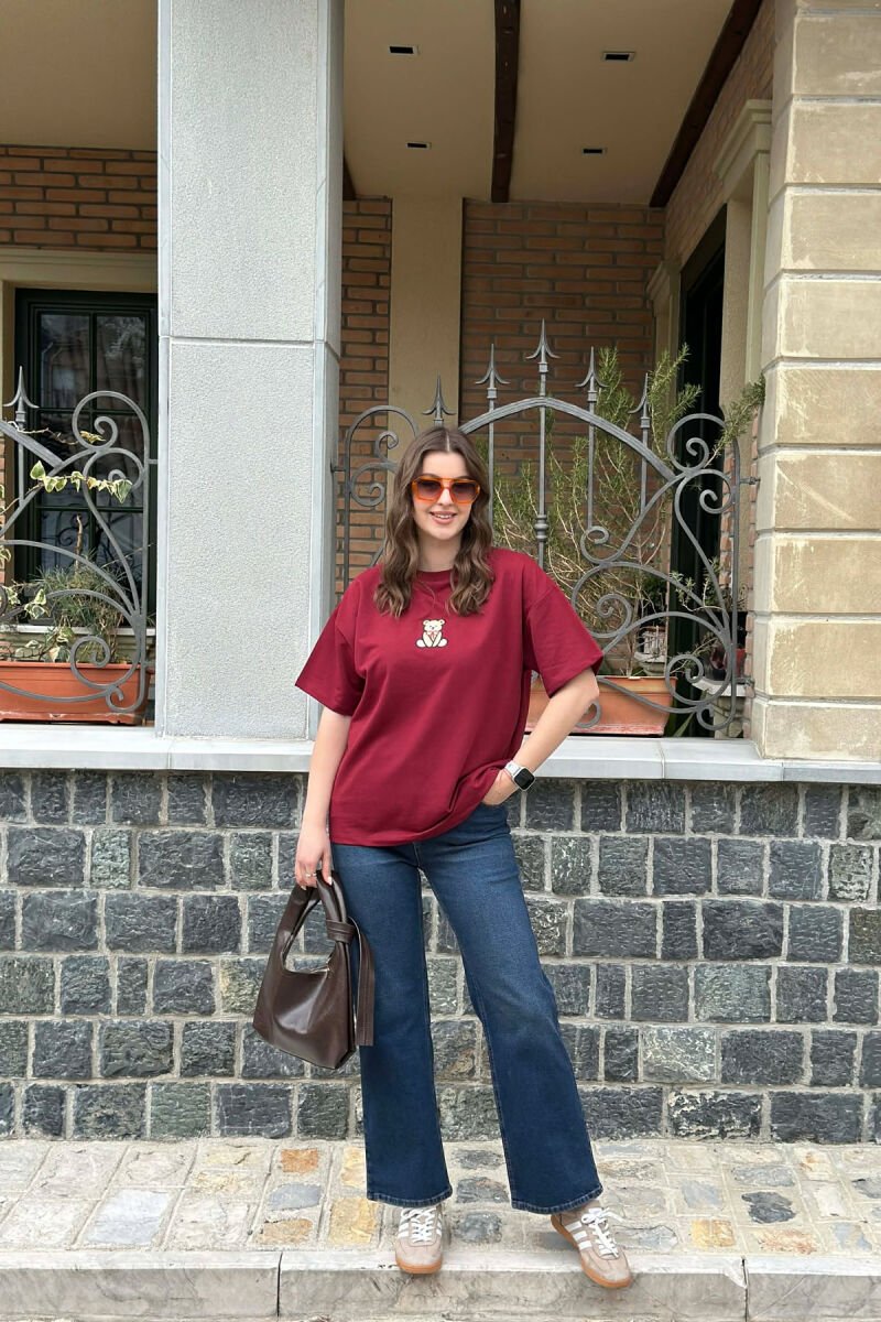ONE COLOR BEAR DETAIL WOMAN T-SHIRT BURGUNDY/VISHNJE - 2