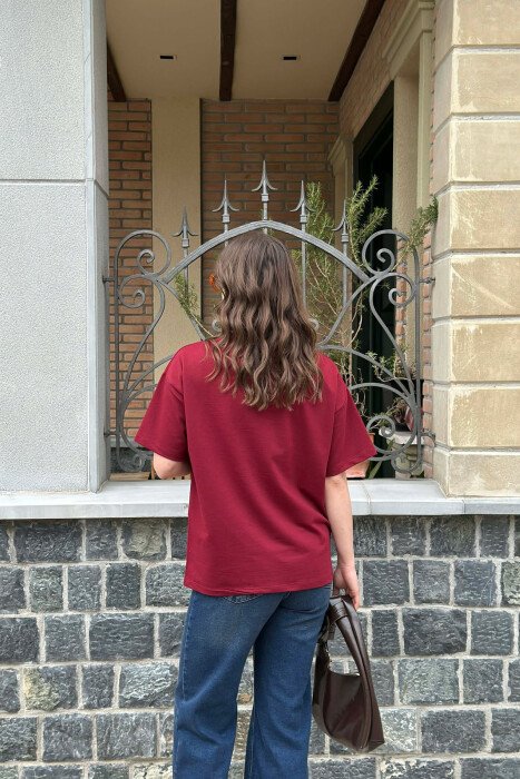 ONE COLOR BEAR DETAIL WOMAN T-SHIRT BURGUNDY/VISHNJE - 4