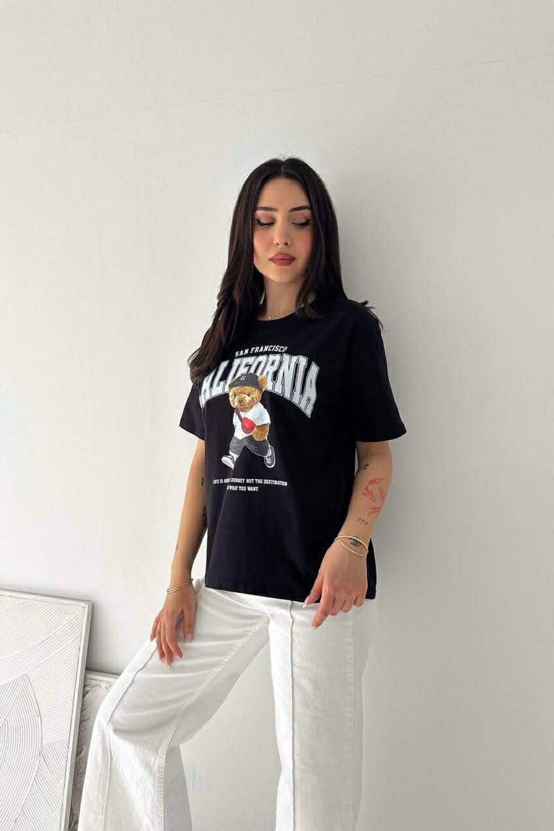 ONE COLOR BEAR IMAGE WOMAN T-SHIRT BLACK/ E ZEZE - 1