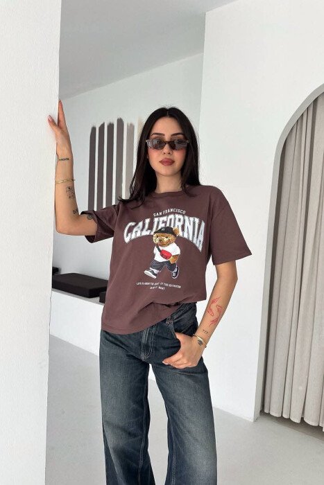 ONE COLOR BEAR IMAGE WOMAN T-SHIRT BROWN/KAFE - 3