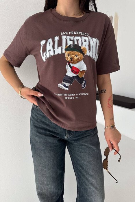 ONE COLOR BEAR IMAGE WOMAN T-SHIRT BROWN/KAFE - 4