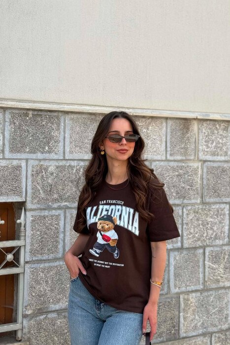 ONE COLOR BEAR IMAGE WOMAN T-SHIRT DARK BROWN/KAE - 1