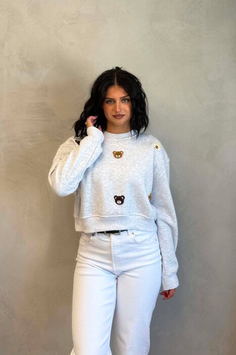 ONE COLOR BEAR LOGO FLUFFY WOMAN SWEATSHIRT LIGHT GREY/GZ - KLAUDIO FASHION