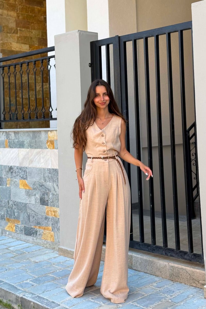 ONE COLOR BELT DETAIL BUTTONED WOMAN JUMPSUIT BEIGE/BEZHE - 1