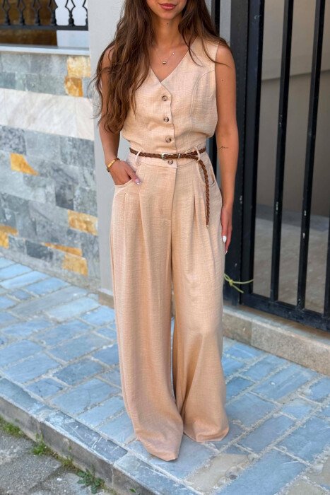 ONE COLOR BELT DETAIL BUTTONED WOMAN JUMPSUIT BEIGE/BEZHE - 4