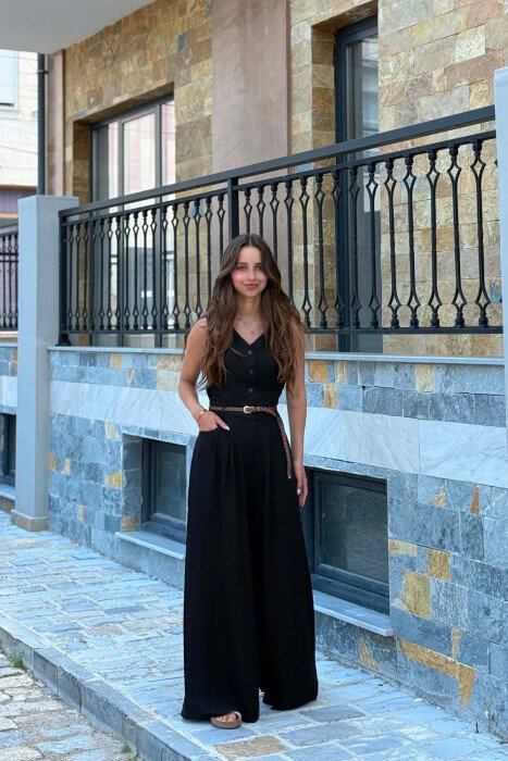 ONE COLOR BELT DETAIL BUTTONED WOMAN JUMPSUIT BLACK/ E ZEZE 